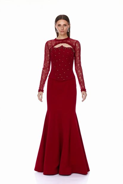 Robe de soirée rouge à corset effet dentelle